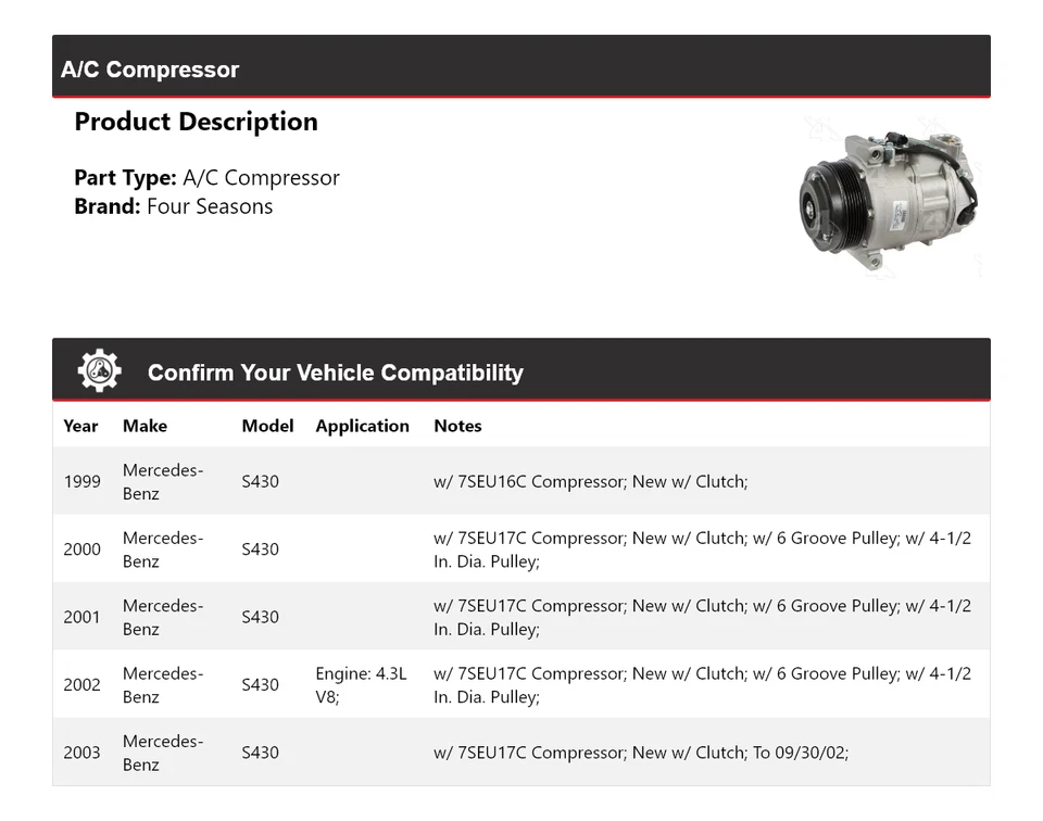 Compresor de aire acondicionado para Mercedes-Benz S430 1999-2003 4 estaciones 2000 2001 2002 Foto 2 de 4