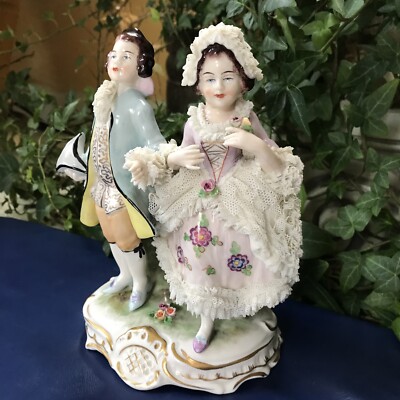Antique Dresden Art Germany Lace Porcelain Man Woman Victorian Figurine 7'' H