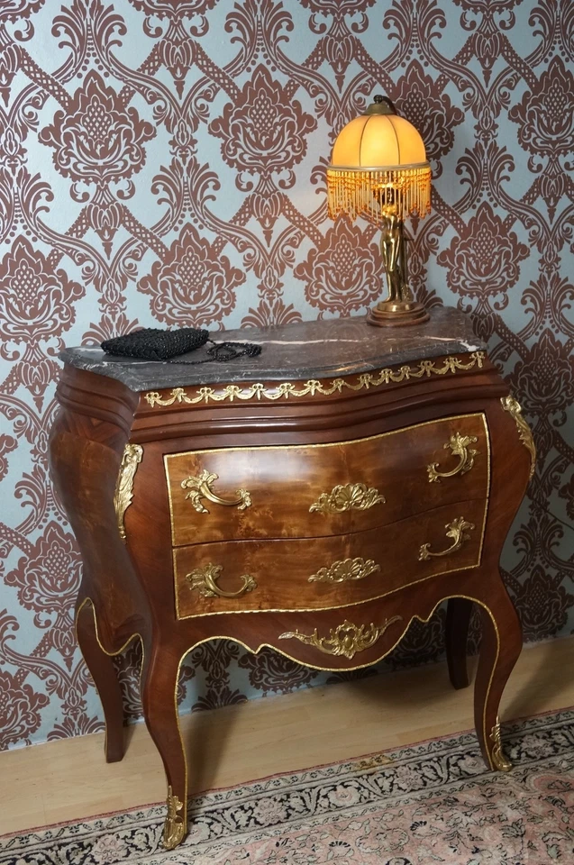 CHIFFONNIER COMMODE STYLE BAROQUE LOUIS XV PLATEAU DE MARBRE NOIR D'UN CHÂTEAU - Photo 4/4