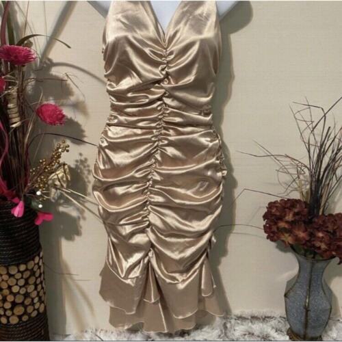 VINTAGE Women Cache Ruffle Gold Dress Size 12 Party Cocktail Prom evening