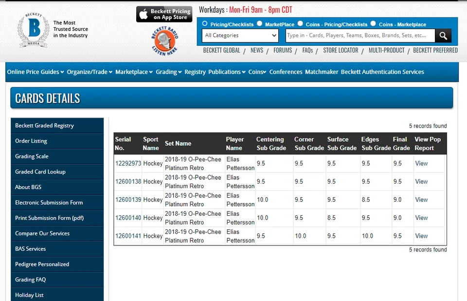 Elias Pettersson RC BGS 9.5: 2018-19 OPC Platinum Retro Rookie Gisto POP 3 - Image 3 of 4