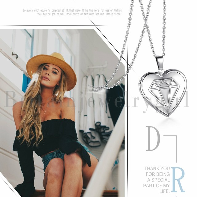 Diamond Charm Locket Necklace Pendant That Holds Pictures for Women Girls 18