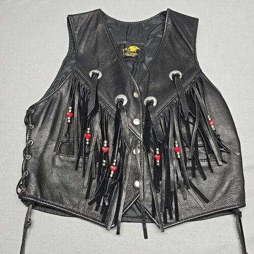 TRD Leathers Biker Vest Womens Large Tassels Hearts Silver Accents Sleeveless - Picture 1 of 11