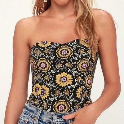 Free People Intimately Daisy Chain Floral Tube Top Women S Black Yellow Tie Back