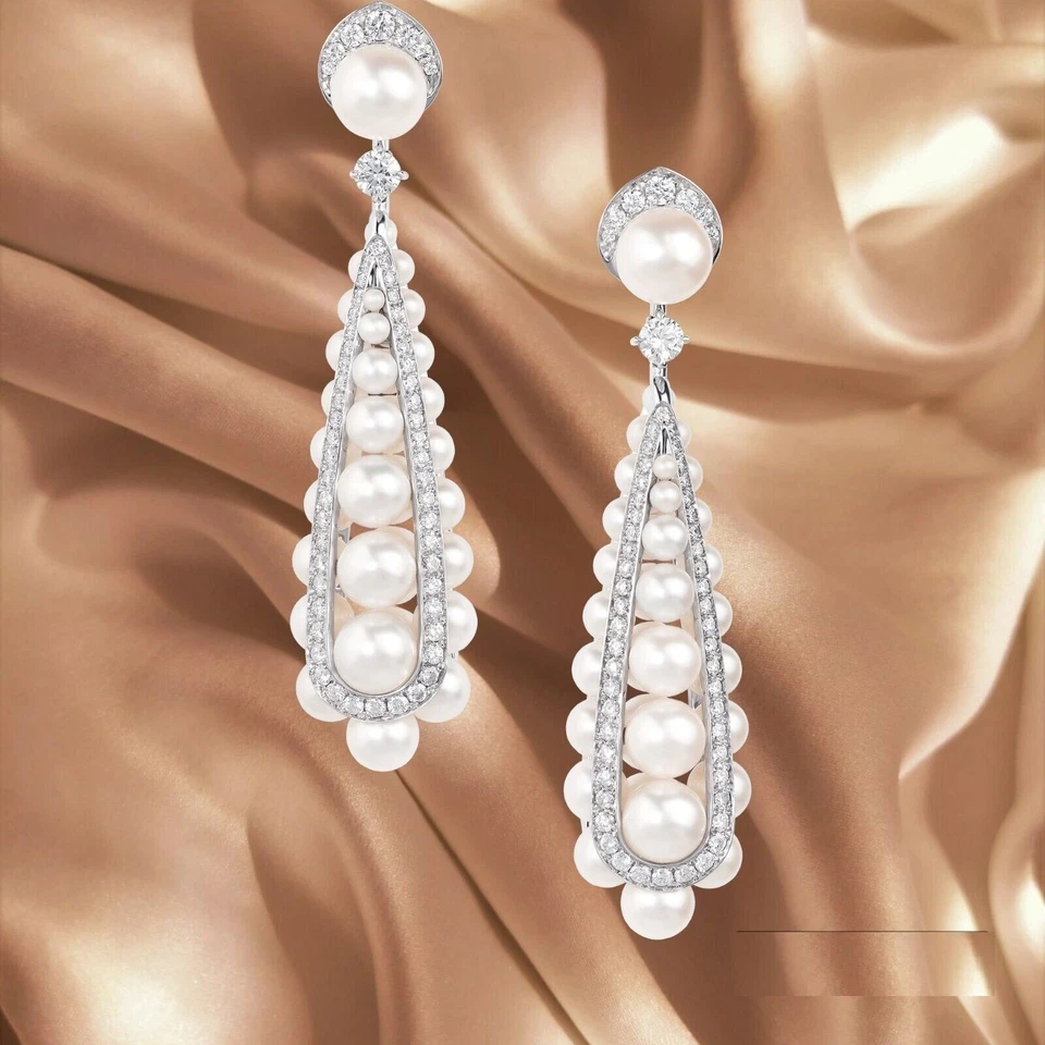 Pendientes colgantes de perlas para mujer de plata de ley 925 alfombra roja hechos a mano joyería circonita cúbica Foto 2 de 4
