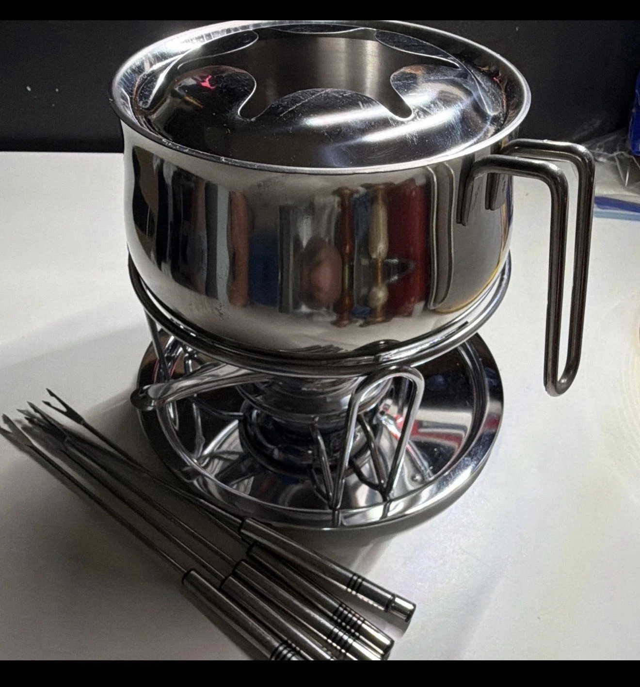 Stainless Steel Silver Fondue Set 2 qt w/ Pot Stand Base Burner & 6 Forks
Opens in a new window or t
