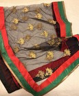 Punjab Black Netting Dupatta~Kiran Velvet Outer Trim~Gold Floral Embroidery~EXC — photo 1