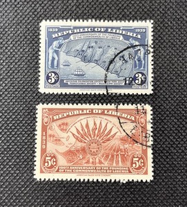 2 Liberia Stamps, 1939, Cancelled , OG , Commonwealth  Centenary