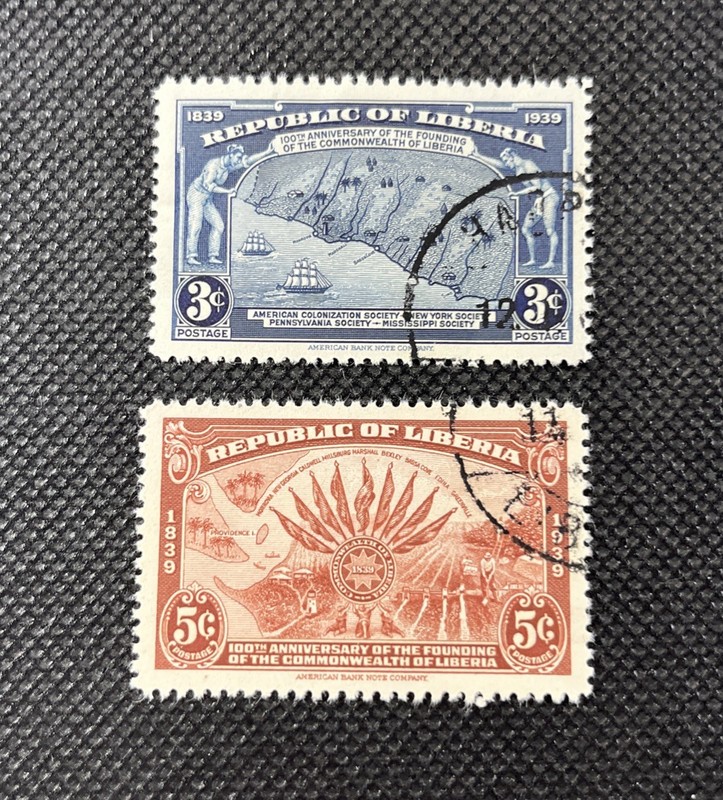 2 Liberia Stamps, 1939, Cancelled , OG , Commonwealth  Centenary