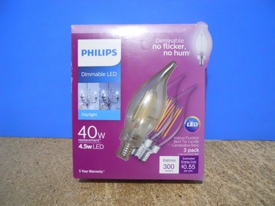 Philips Daylight 40W/4.5W LED 300 Lumens Bent Tip Candle Candelabra Base 3 Pack