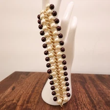 Kenneth Jay Lane bracelet KJL brown and ivory faux pearls goldtone chain signed