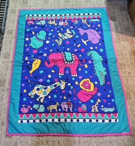 Vintage 90's Vibrant Bright Colored Baby Quilt 47"×37" Circus Animals So Cute!