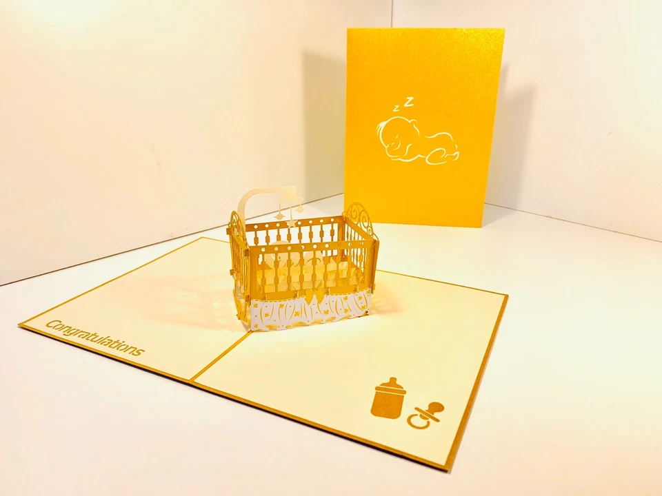 Tarjetas Pop Origami Cuna Metálica en Dorado Bebé Recién Nacido 3D Tarjeta Pop Up Foto 4 de 4