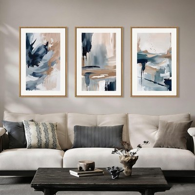 Abstract Navy Blue Framed Canvas Wall Art Set,Neutral Brush Stroke Wall Decor...