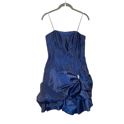 Jessica McClintock Gunne Sax 90s Dress Blue Satin Ruched Strapless Rhinestone
