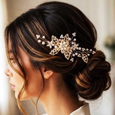 Pearl Wedding Hair Comb Gold Rhinestone Bridal Clip Leaf Prom Accessory
