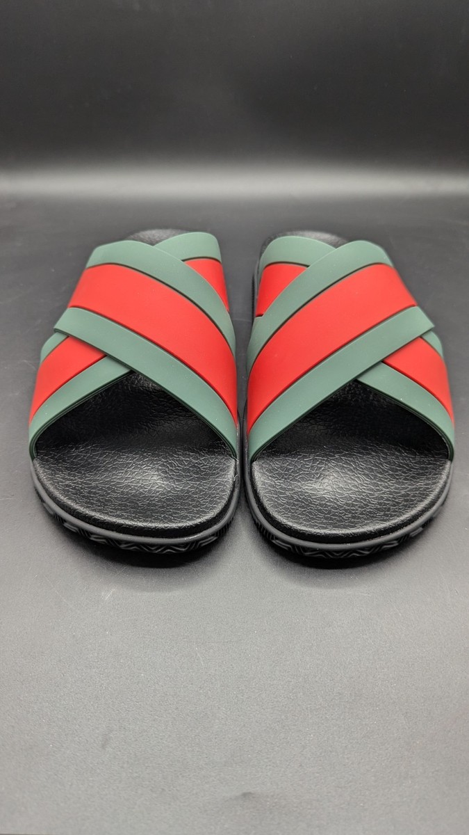 Gucci Men Red-Green Cross Strap Slide 43 w/Box/Bag | eBay