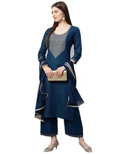 GoSriKi Women's Ruby Cotton Solid Straight Kurti with Palazzos & Dupatta Set ...