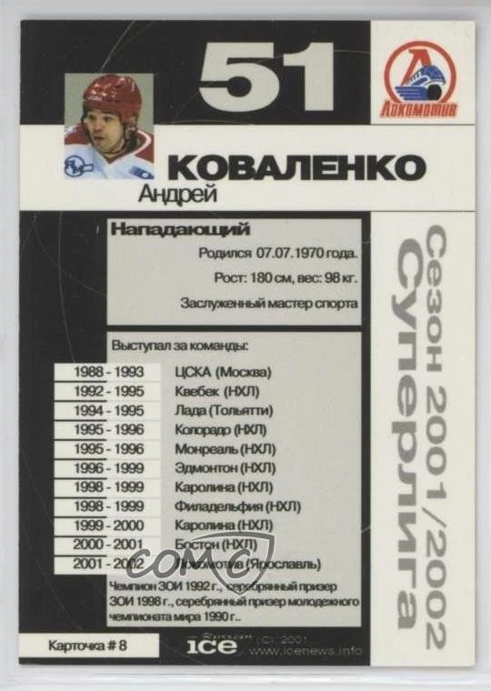 2002-03 Russian Ice Russian Lightning Andrei Kovalenko #8 - Image 2 of 2