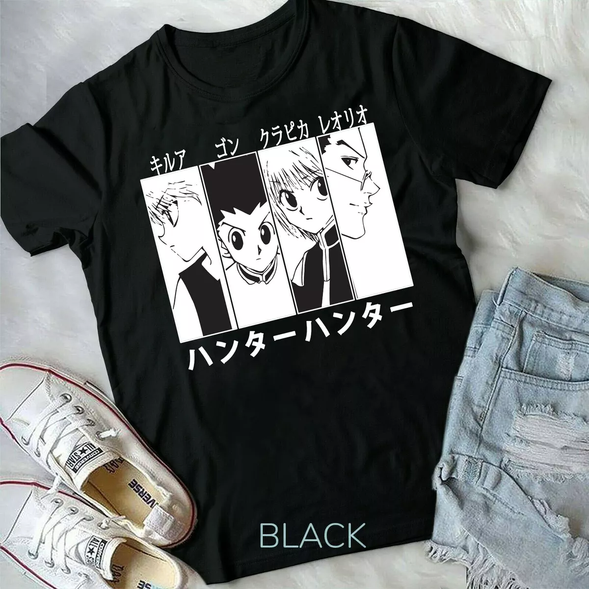 Hunter X Hunter in Kanji Characters with Gon, Killua, Kurapika and Leorio  Mens and Womens Short Sleeve T-Shirt (Black, S-XXL)