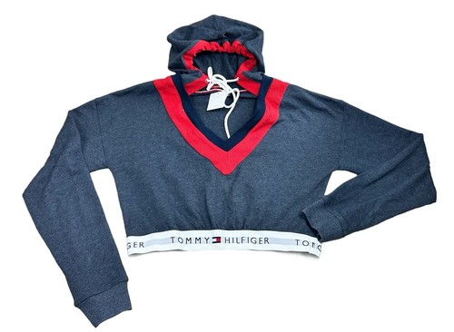 Mujer Tommy Hilfiger Retro Recortado Salón Sudadera con Capucha Talla Pequeña Sudadera Cuello en V NUEVO - Imagen 5 de 11
