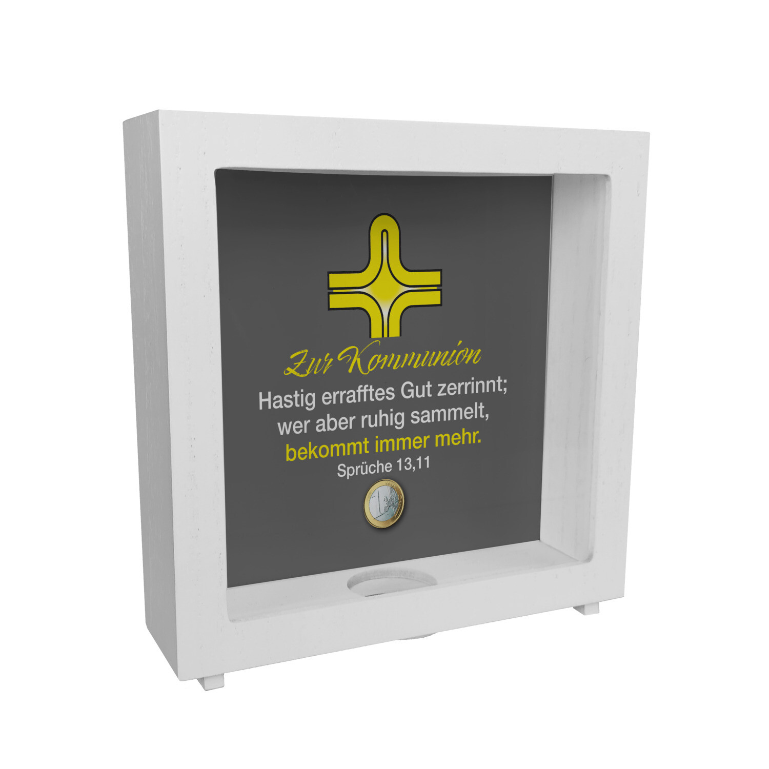 Sprüche 13,11 Bibelvers Rahmen Spardose aus Holz in grau zur Kommunion