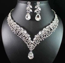 WONDERFUL CLEAR AUSTRIAN RHINESTONE BRIDAL NECKLACE EARRINGS SET SILVER N1783