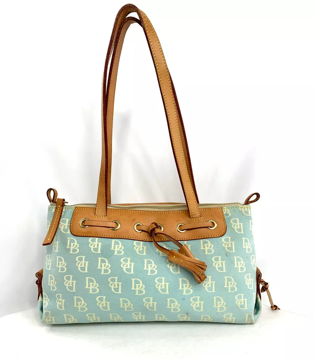 Dooney & Bourke, Bags, Dooney Bourke Vintage Blue Cream Signature Fabric  Small Shoulder Bag Tan Leather