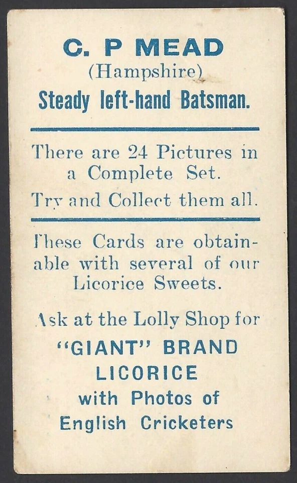 AUSTRALIAN LICORICE - ENGLISH CRICKETERS (BLUE BACK) - C P MEAD (HAMPSHIRE) - Image 2 of 2