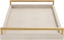 Ivory Shagreen Leather Serving Tray with Gold Handles, 17.7X11.8Inch Large Woode