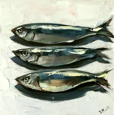 Original Oil Painting Fish Sardines Art Food Still Life Signed Made to Order