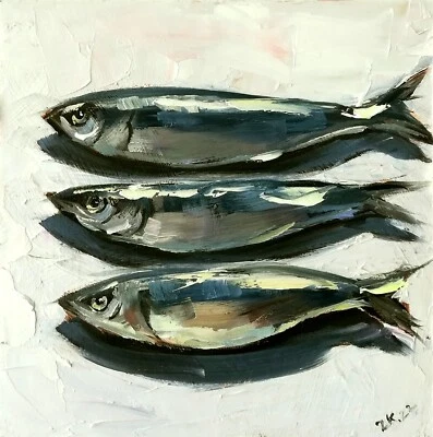 Original Oil Painting Fish Sardines Art Food Still Life Signed Made to Order