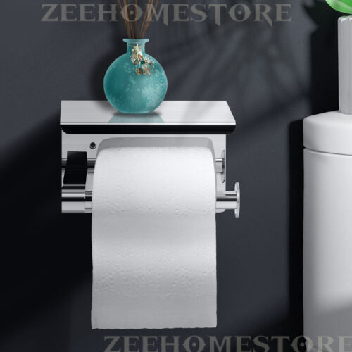 Toilet Paper Roll Holder Wall-Mounted With Mobile Phone Storage Bathroom Shelf - Picture 3 of 14
