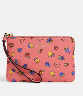 NWT COACH CA716 Corner Zip Wristlet with Mini Vintage Rose Print