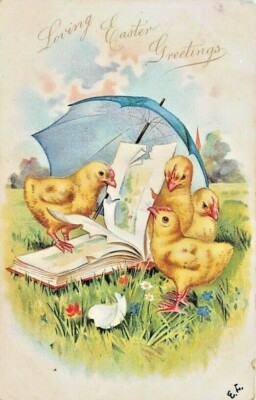 Easter Postcards Loving Easter Greetings Chicks reading book with Umbrella 