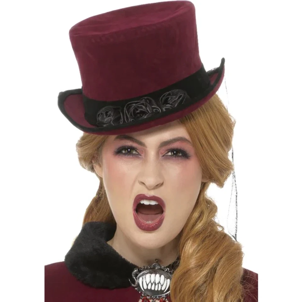 Burgund Viktorianisch Vampirin Hut Mit Schleier Erwachsene Vampir Kostüm - Bild 1 von 1