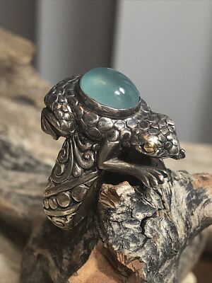 Vintage SAMUEL B Sterling Silver 925 Gold 18K Aquaprase Frog Ring 