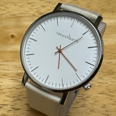 Thread Etiquette Quartz Watch Men Silver White Steel Leather Analog New Battery