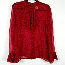 Vintage Guy Laroche Red Silk Blouse Women's 42, US 12 France Sheer Bell Sleeve