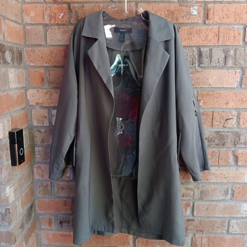 Forever 21 Duster Open Front Drape Trench Lightweight Olive Jacket Size M - Picture 12 of 13
