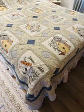 VTG Handmade Homemade Cotton Quilt Bird Houses 82" x 80 Blue Green Calico F/Q