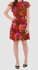 MSK Women's Red Floral Collared Short Sleeve Self-Tie Dress Petite Size PS