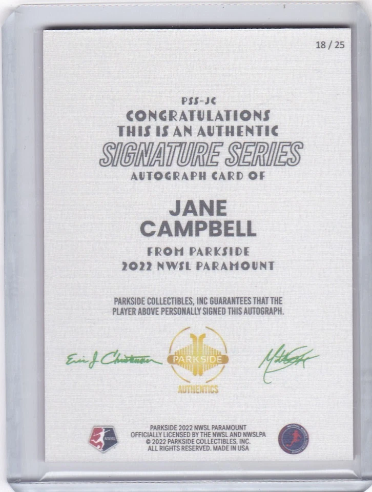 JANE CAMPBELL 2022 PARKSIDE NWSL PARAMOUNT BLUE ON-CARD SP AUTOGRAPH  #18/50 - Image 2 of 2