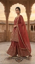 New Latest Heavy Crunchy Silk Maroon Top Palazzo With Dupatta For Wedding Wear