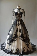 Vintage Gothic Black White Wedding Dress Lace Applique Corset A-line Bridal Gown