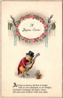 Joyous Easter Postcard Chick Playing Guitar Embossed c1910s