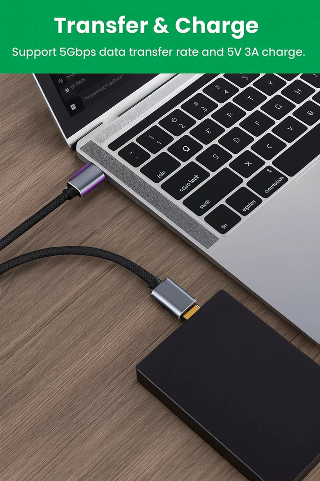 USB Type C Hard Drive Braided Cable Thunderbolt 5Gbps for Portable Hard Drive - Image 3 of 4