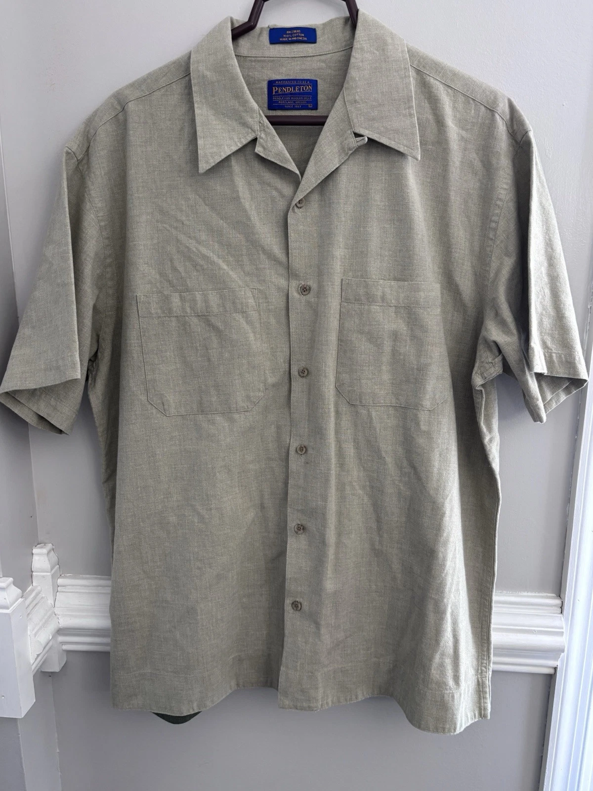 PENDLETON Mens Short Sleeve Shirt Green Button Down Spread Collar Cotton Large