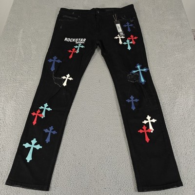 Rockstar Brody Patchwork Jeans Mens 42 Black Ultra Slim Distressed Cross Denim