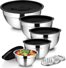 5er Edelstahl Schüssel Set Salatschüssel mit Deckel & 3 Reibenaufsätzen Schwarz